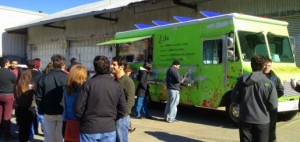 People enjoying the Liba Falafel food truck in San Francisco